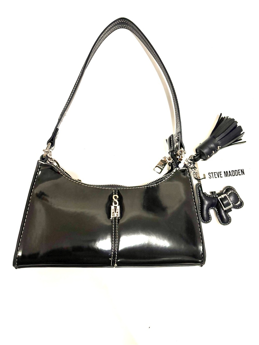 NEW Steve Madden Black Patent Shoulder Bag with Tassel Charm